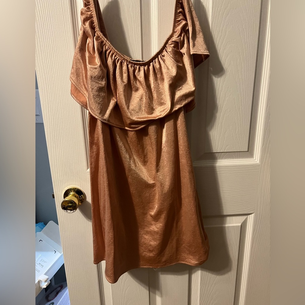 shiny pink/nude colored off the shoulder dress
